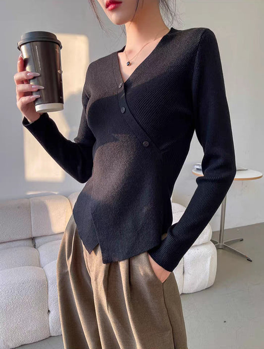 Knitted Shirt, For Women, Vintage V-Shirt, Linen Shirt, Can Be Wear In Summer And Autumn, Long Sleeves, Mechanical Twisted Yarn, Thin And Breathable, Mechanical Shirt, Can Be Wear Outdoor