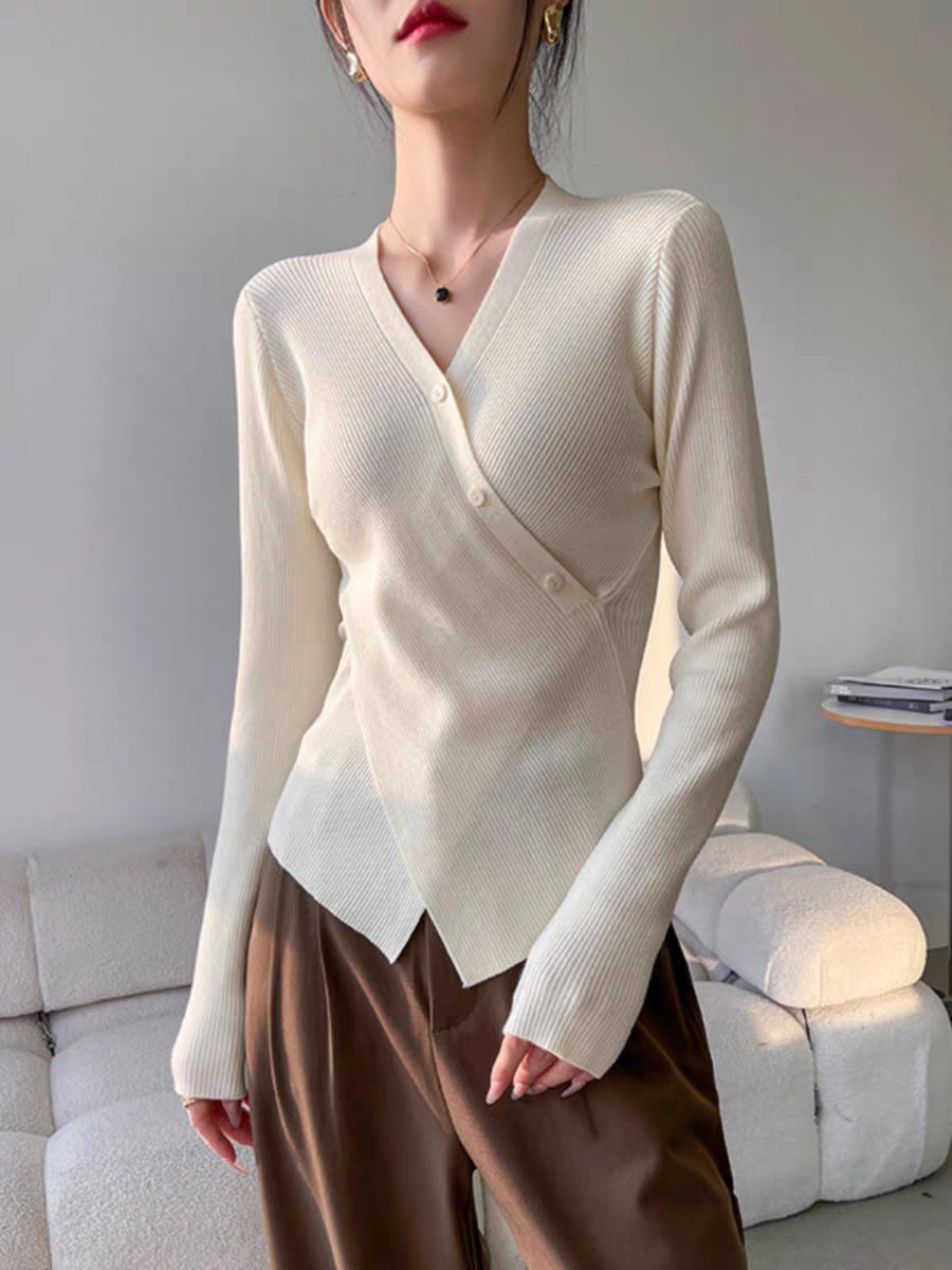 Knitted Shirt, For Women, Vintage V-Shirt, Linen Shirt, Can Be Wear In Summer And Autumn, Long Sleeves, Mechanical Twisted Yarn, Thin And Breathable, Mechanical Shirt, Can Be Wear Outdoor