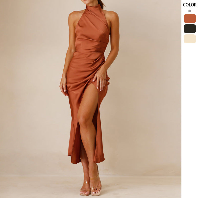2025 Summer New European and American Sexy Hanging Neck Slimming Dress Solid Color Split Sleeveless Long Dress for Women