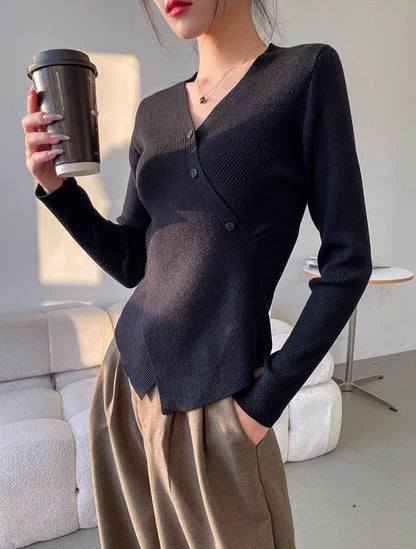 Knitted Shirt, For Women, Vintage V-Shirt, Linen Shirt, Can Be Wear In Summer And Autumn, Long Sleeves, Mechanical Twisted Yarn, Thin And Breathable, Mechanical Shirt, Can Be Wear Outdoor