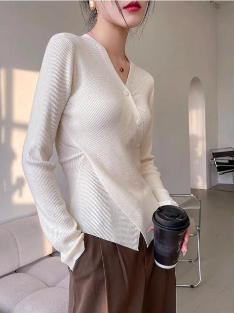 Knitted Shirt, For Women, Vintage V-Shirt, Linen Shirt, Can Be Wear In Summer And Autumn, Long Sleeves, Mechanical Twisted Yarn, Thin And Breathable, Mechanical Shirt, Can Be Wear Outdoor